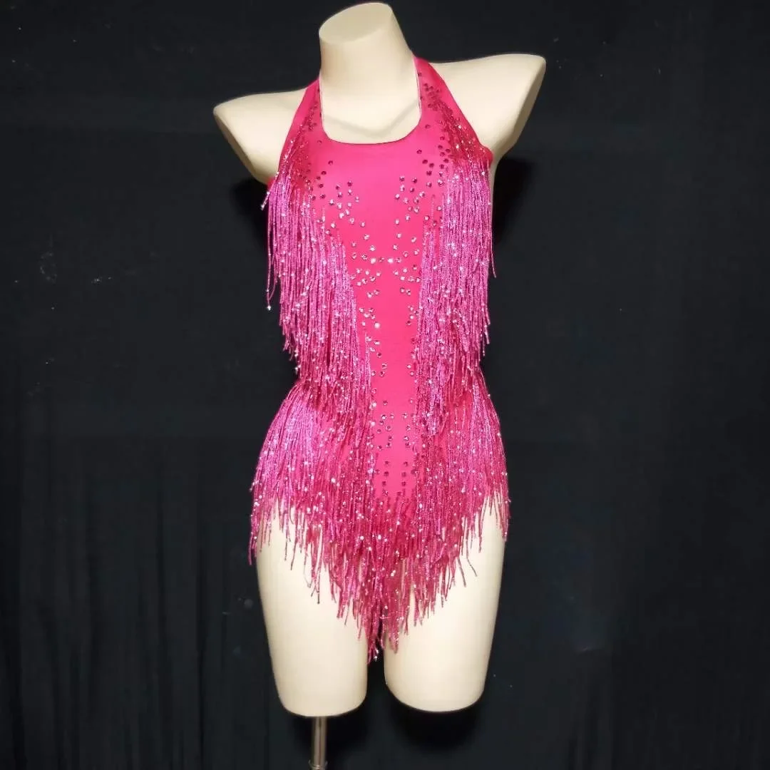 Rose rouge brillant strass franges body femmes Sexy Club tenue danse Costume une pièce Showgirl porter Performance justaucorps