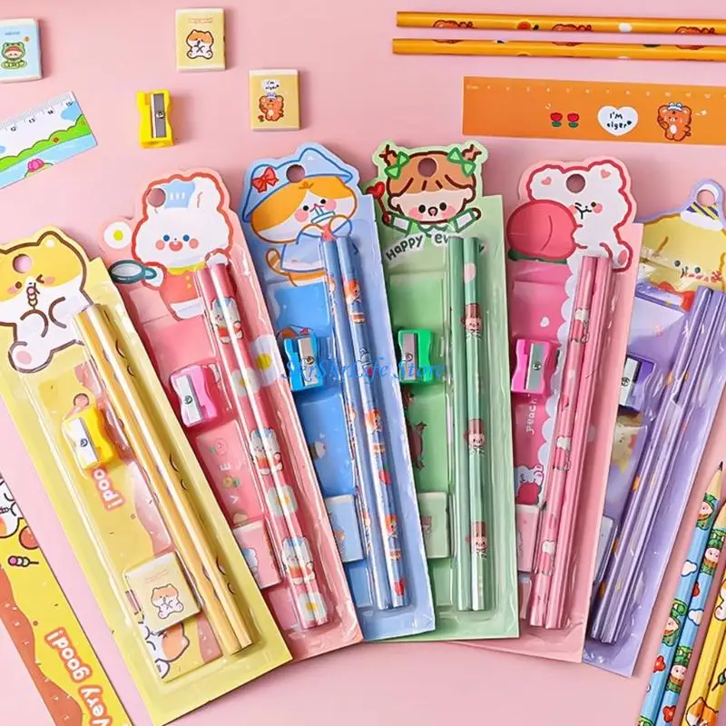 E65E 5 Pack Kids Pencils Tools Includes Eraser Sharpener School Writing Supplies