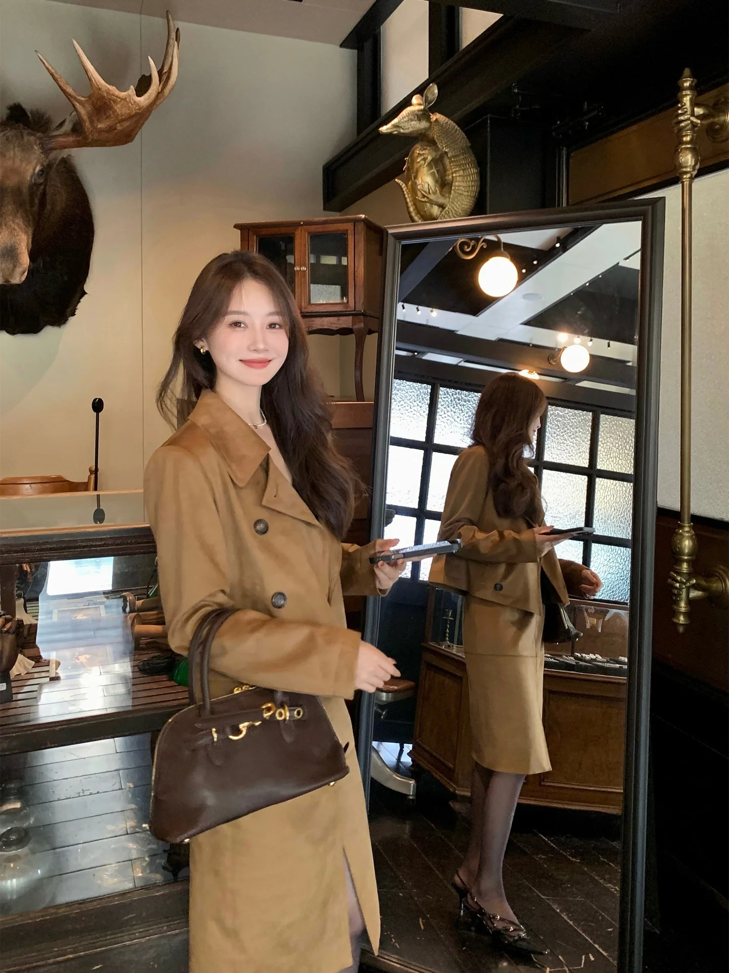 

Prmo Retro Sle ort Jaet Women's Double Row Buttoned Suede Coat High Collar Faionable oulder Length Outerwear