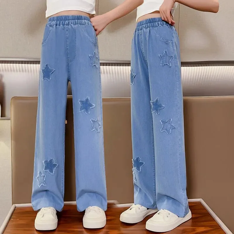 Children Wide-leg Jeans Summer Star Applique Junior Girls Denim Pant Loose Elastic Waist 4-15Y Teens Kids Straight Trousers
