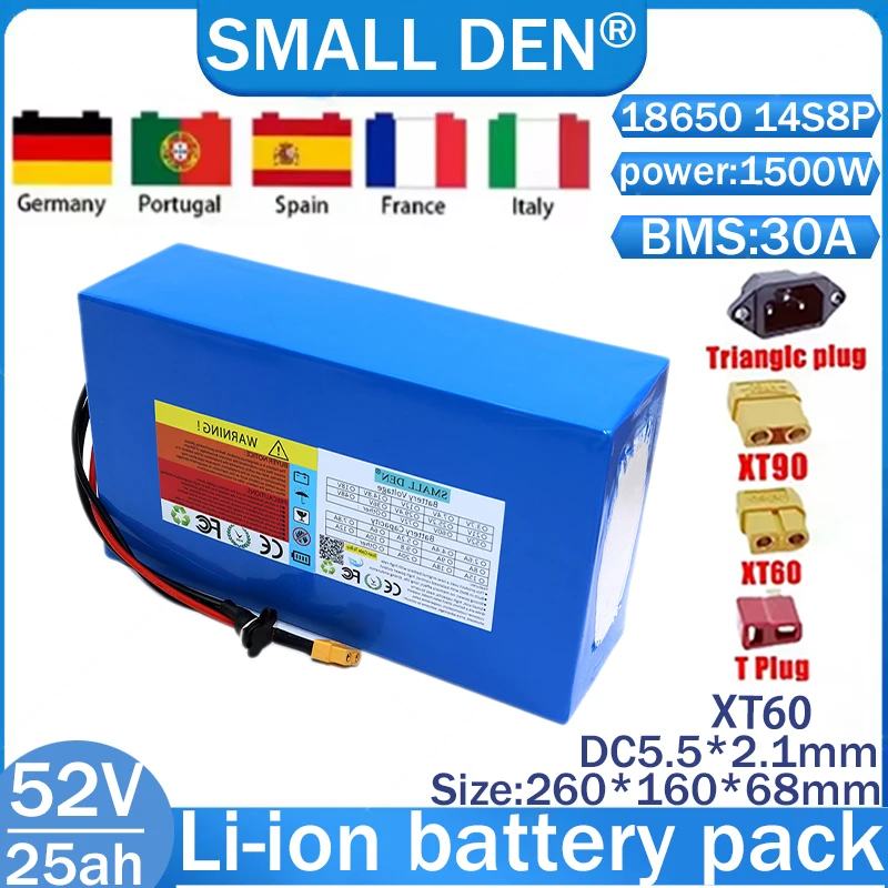 ハイパワーリチウムバッテリーパック、内蔵BMS、52v、25ah、18650、14s8p、1500w、さまざまなエネルギー貯蔵アプリケーションに適しています