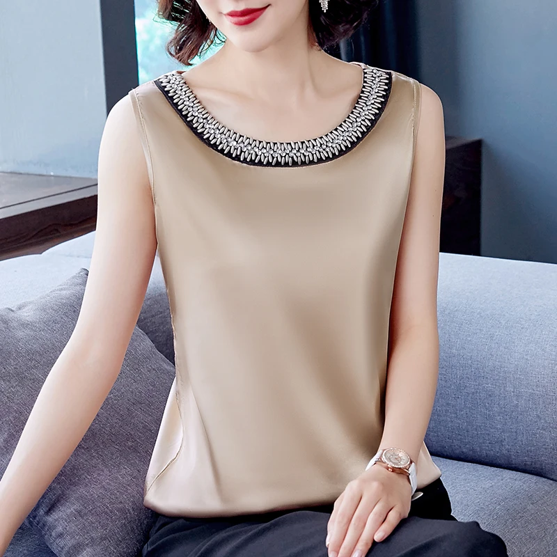 2024 Summer Women\'s Stylish V-neck Shirts and Blouses Fashion Elegant Satin Tops Silk Woman Office Lady Sleeveless Blusas 13741