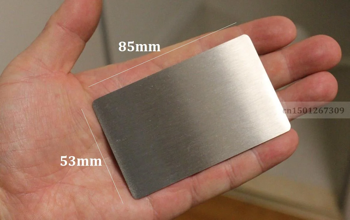 Tarjeta de visita de acero inoxidable de 2mm de grosor, placa de Metal resistente, tamaño 85x53mm, acabado mate de doble cara