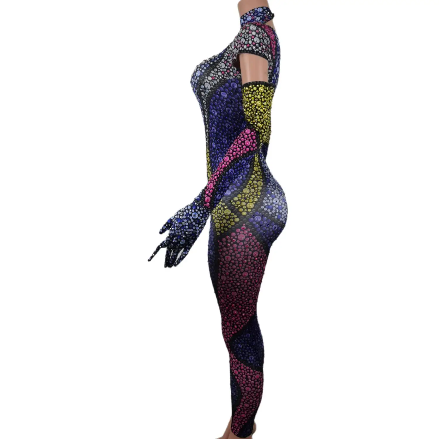 Fashion Rhinestones Jumpsuit Gloves Set Women Sexy Tight Birthday Prom Party Outfit Dancer Show Rompers Stage Wear Hongtaozi