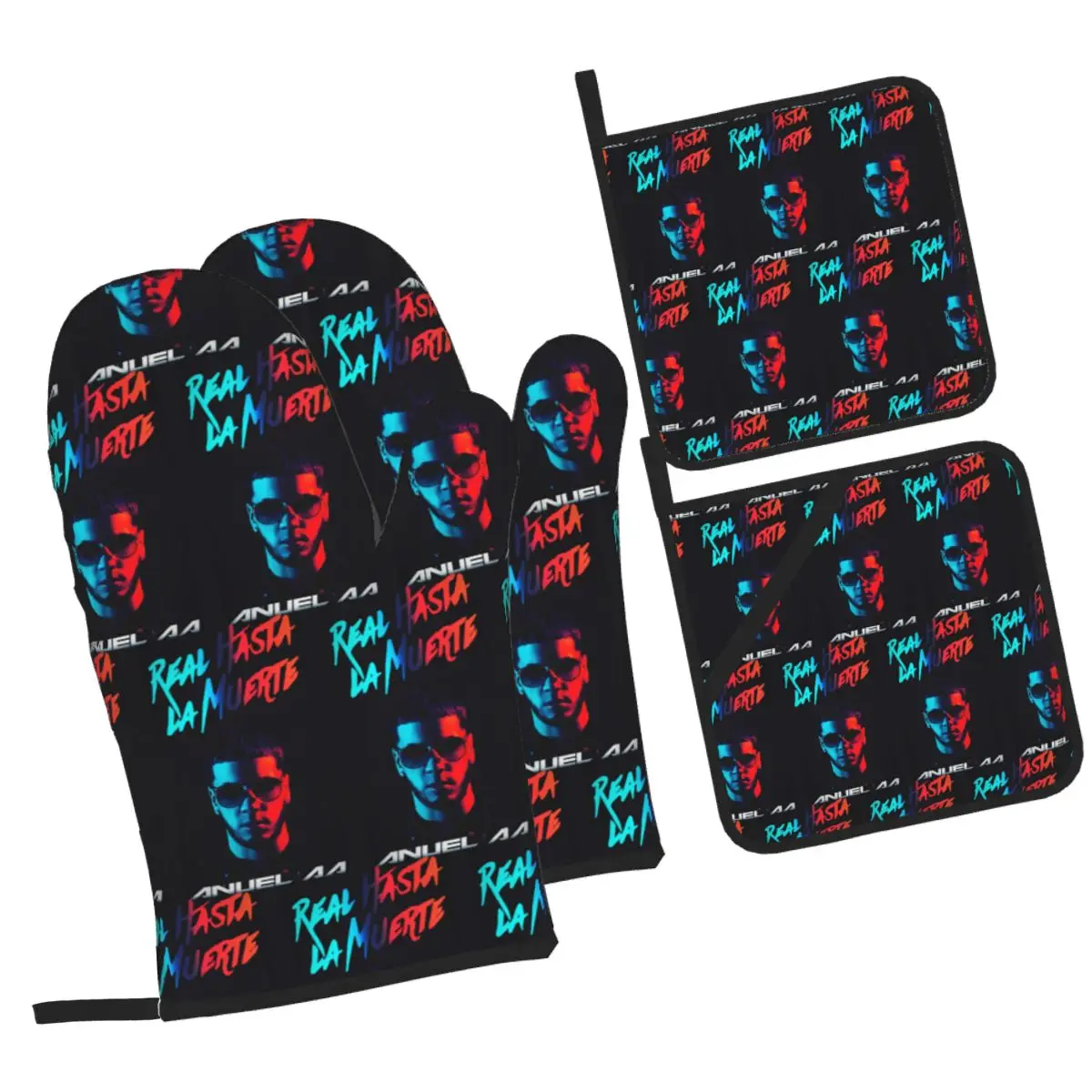 Fashion Hot Rapper Anuel AA Oven Mitts and Pot Holder Sets of 4 for Baking Kitchen Cooking BBQ Resistant Non-Slip Gloves