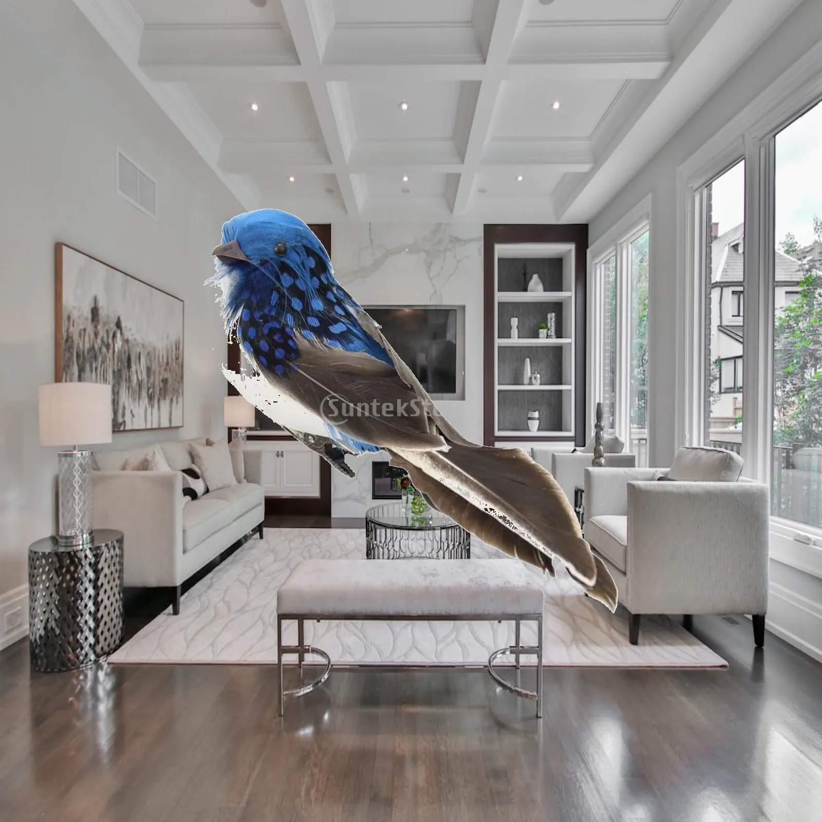 Artificial Bird with Real Feather Clip Outdoor Garden Ornament Decorative Bird Figurine for Balcony Yard Decor