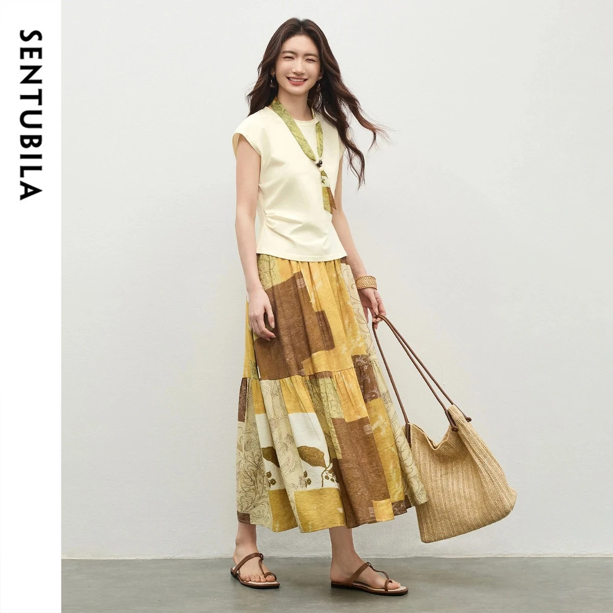 

SENTUBILA Women's Vintage Print 2 Piece Set Removable Scarf Sleeveless Slim Knit T-shirt Boho A-Line Skirt Outfit 162ZK6013