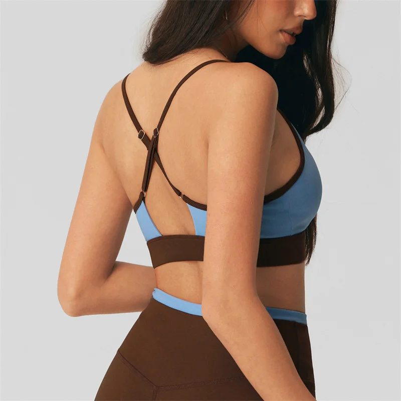 TRY TO BN Yoga Bra Women Sports Underwear Color-Blocked Thin Strap Open Back Shockproof Fitness Top Workout Running Gym Clothes