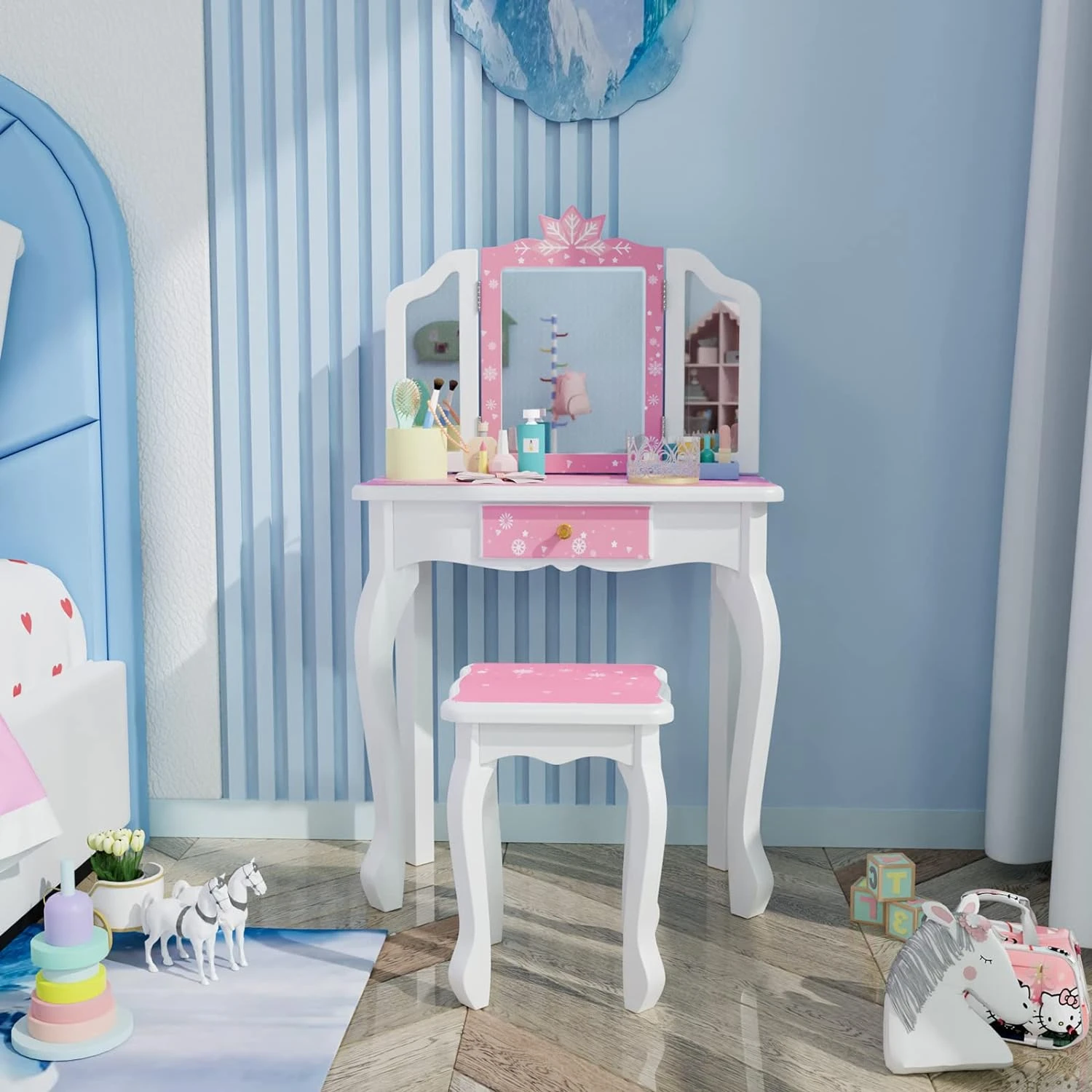 

Vanity Set, Wooden Princess with Stool, Tri-Folding Mirror, Large Drawer, Solid Wooden Legs Pretend Beauty Make Up Dressing Pl