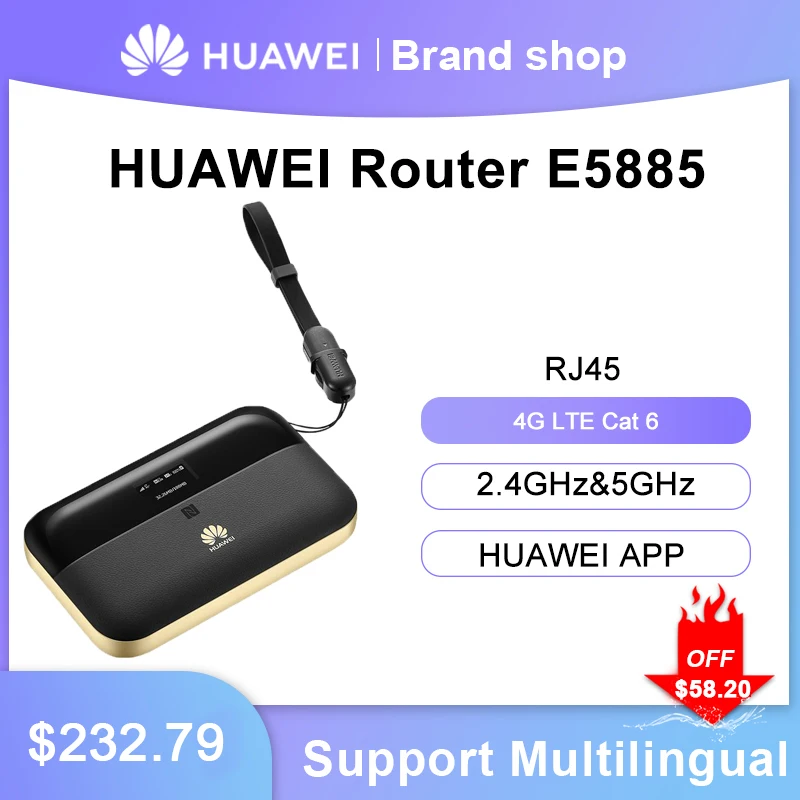 هواوي E5885 E5885LS-93A 300Mbps 4G LTE Cat 6 موبايل واي فاي هوت سبوت مع دعم منفذ إيثرنت B1/B2/B3/B4/B5/B7/B8/B20/B19 إفتح