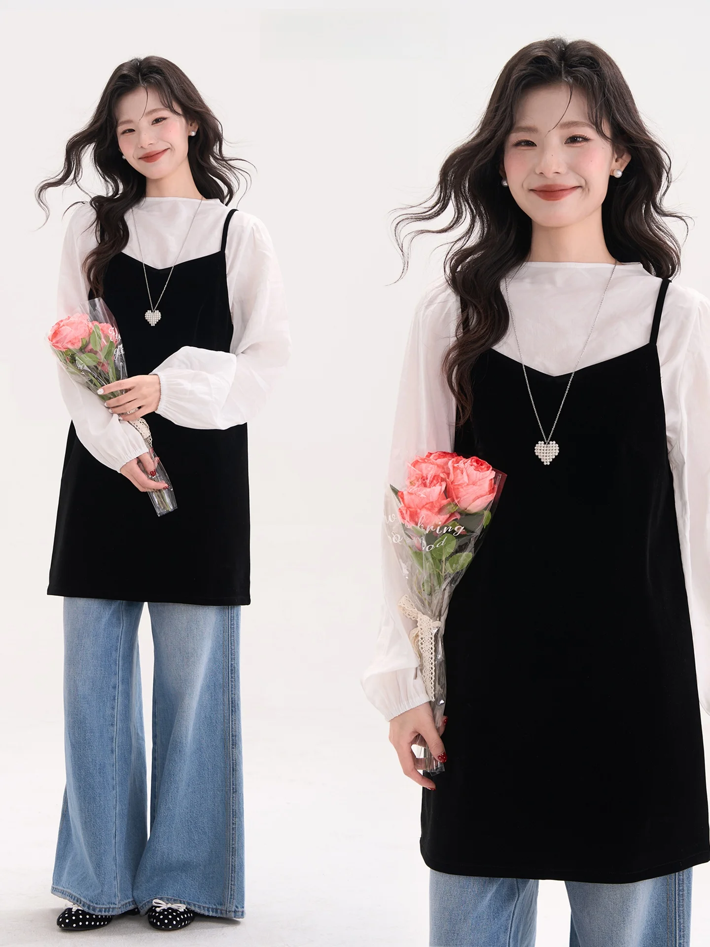 

Heme Velvet Blouse And ter Dr Two-Piece Set Women's Retro High Collar Spring Date Outfit Floral Field Window Nylon Fabric