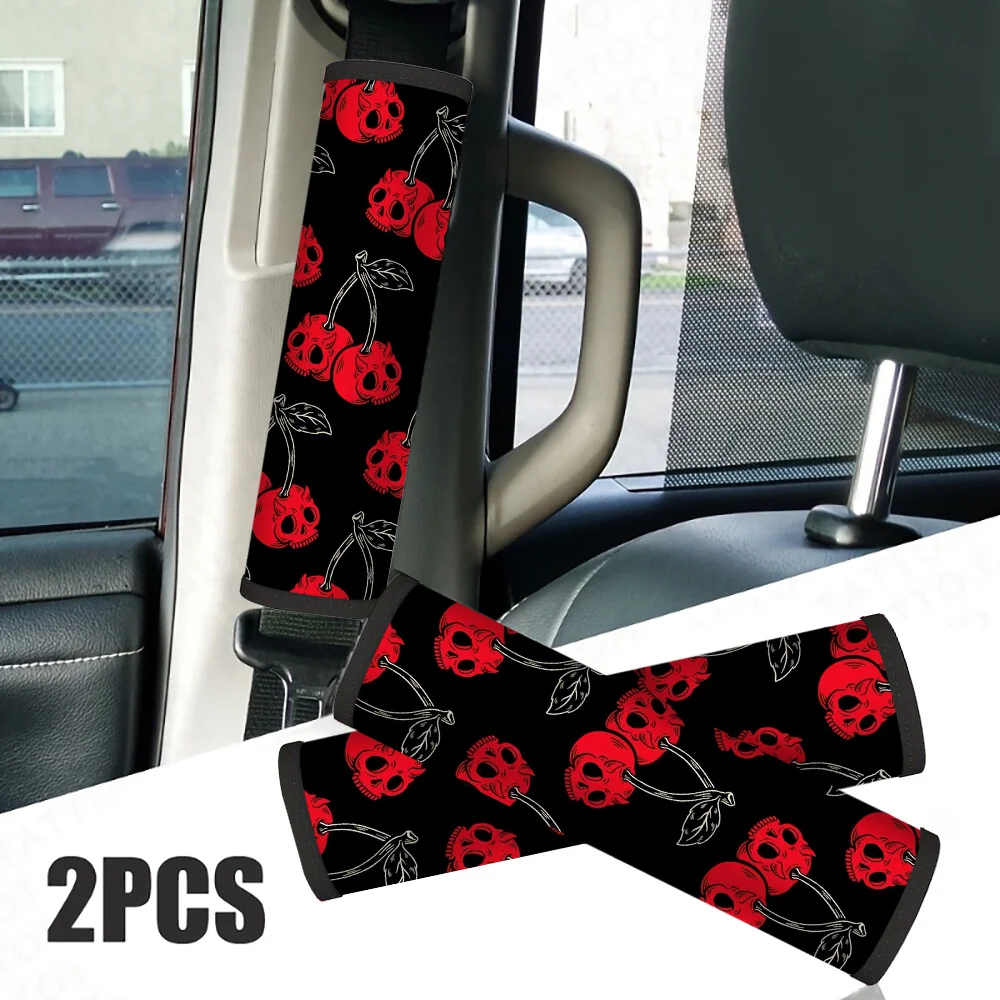 2pcs Cherry-Skull Car Seat Belt Cover, Gothic Cherry-Skull, Universal Fit, Soft, Fashionable Auto Interior Accessories