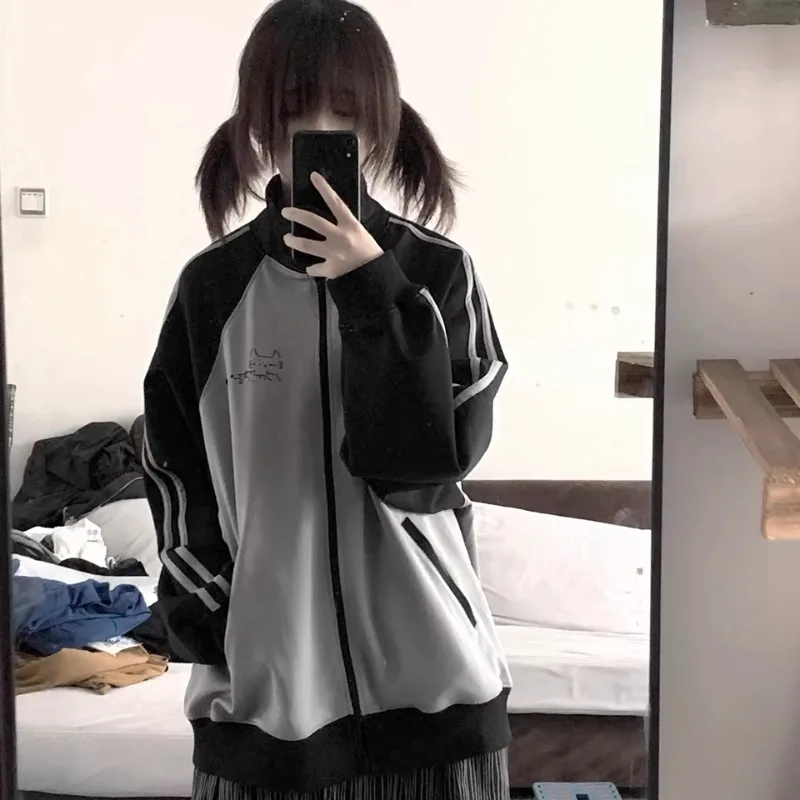 Subculture Y2k Millennial Japanese Two-dimensional Kaomoji Print Contrasting Color Stand-up Collar Loose Coat Sweater For Women