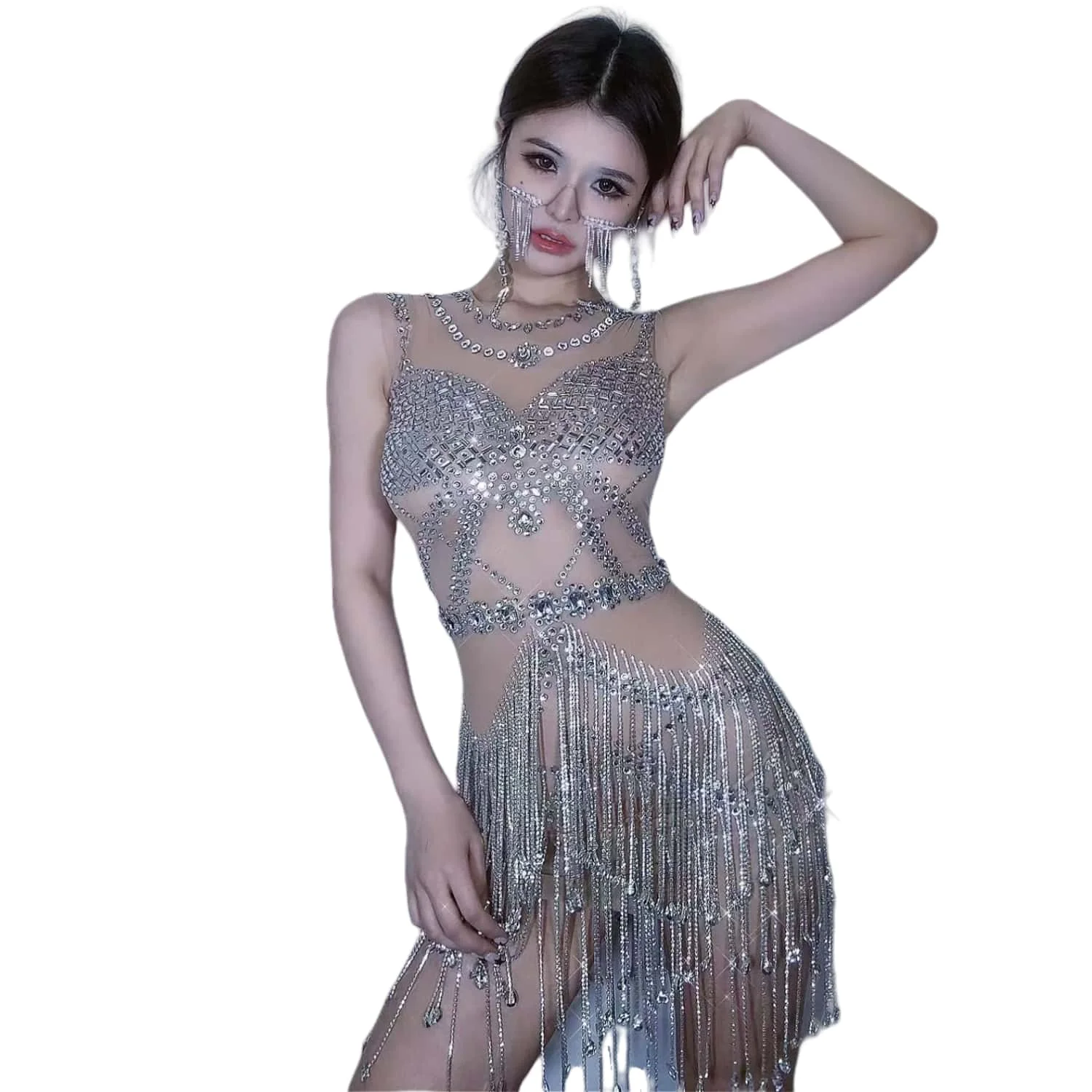 

Sparkly Halter Rhinestone Chains Tassel Latin Dance Bodycon Dress Sexy Mini Dress Women Evening Prom Photoshoot Dress Suya