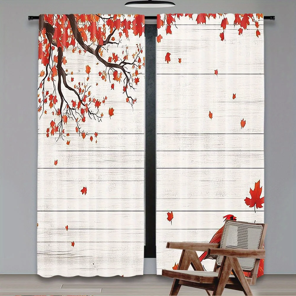 Red Cardinal Bird Curtains Autumn Leaves Wood Grain Window Drapes Rustic Farmhouse Decor Blackout Fabric for Living Room Bedroom