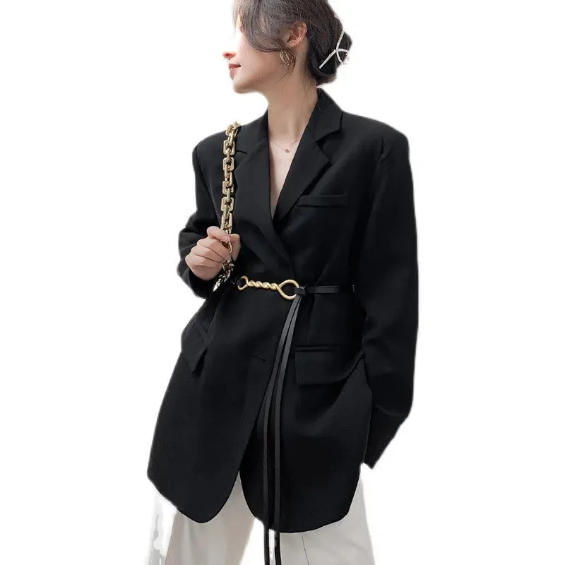 

Black Blazer Vintage Women Spring Autumn Coat 2022 New Loose Suit Jacket Fashion Jackets Belt Pocket Tops Jackets Female