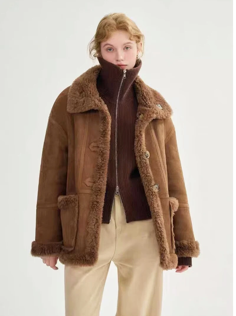 ZADORIN Chic Mid Long Double-Sided Brown Faux Fur Coat Woman Horn Buttons Thicken Lamb Fur Faux Coats Winter Clothes Woman Tops