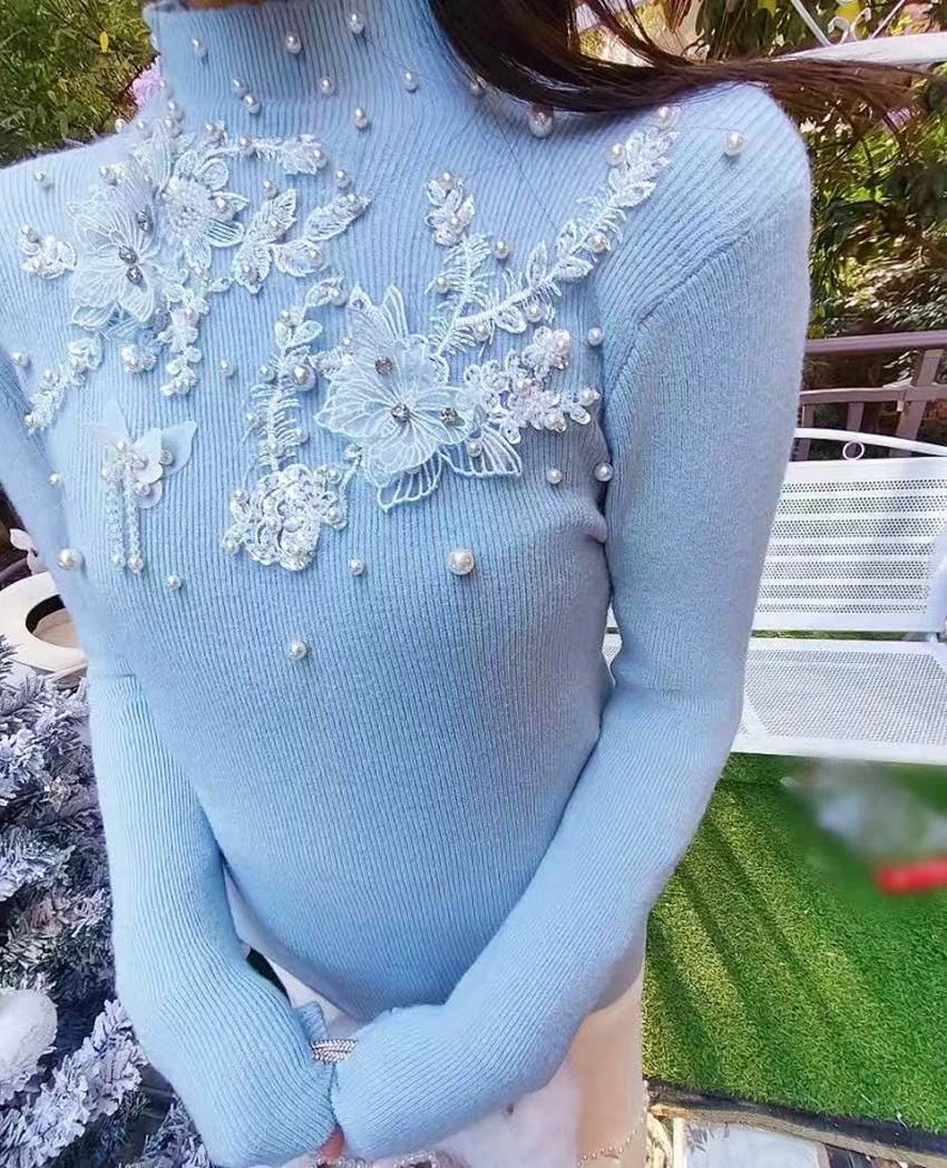 Pull coupe couvertes pour femme, pulls à fond, point de fleurs, perles de poires, tricots d'automne et d'hiver, style de luxe