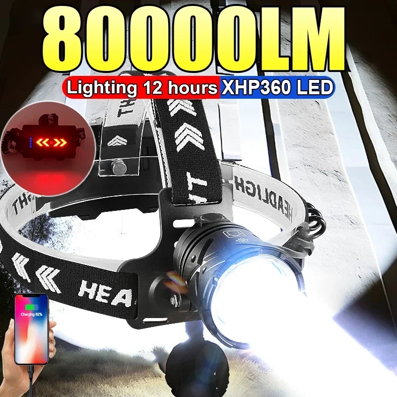 

80000LM Powerful Headlamp USB Rechargeable Headlight Flashlight Large aperture XHP360 LED Head lamp Camping Fishing Head Lantern