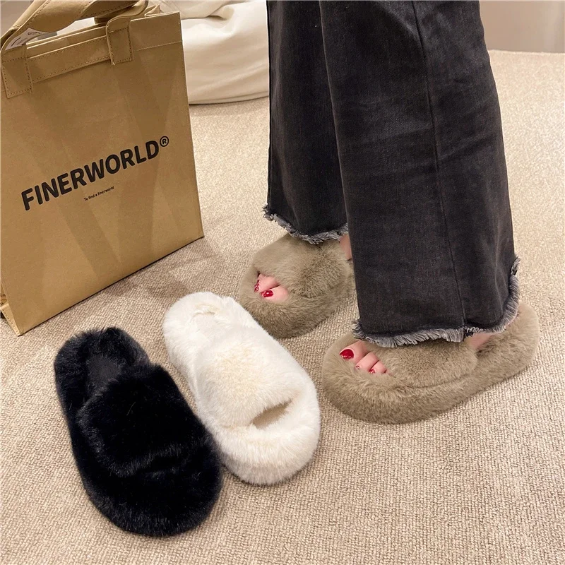 2024 Herfst/Winter Nieuw Internet Celebrity Oversized Pluche Slippers, Fee Stijl Katoenen Slippers, Huisschoenen