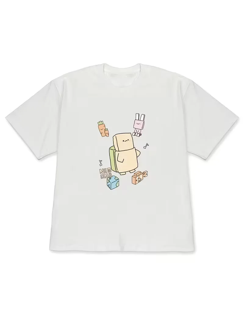 Korean Cute Block Cat Panda Graphic T-Shirt, Fun Cartoon Animal Print, Versatile Spring Summer Daily Fashion Tee Women's T-shirt