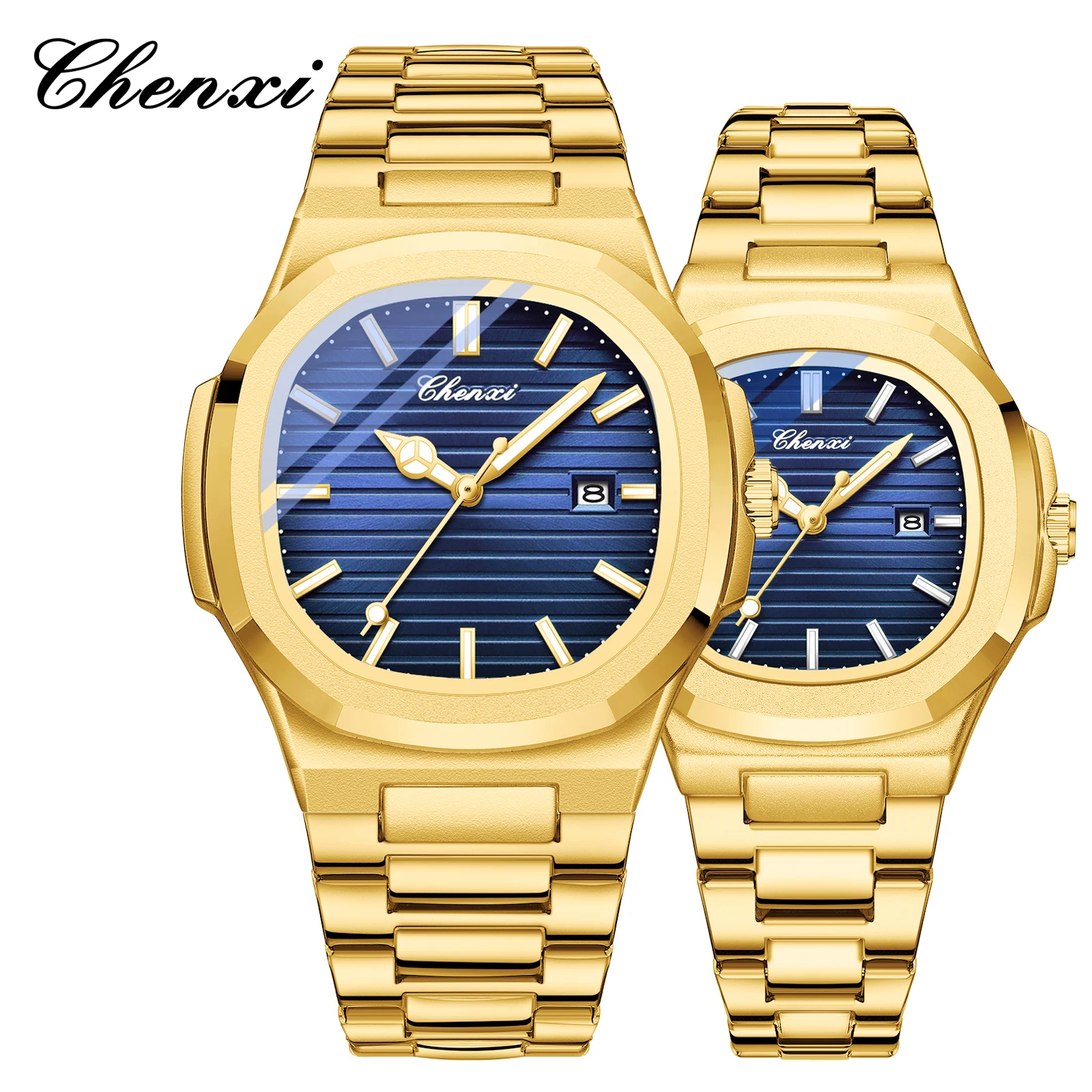 CHENXI 8222 1piece Golden New Couple's Watches Fashion Stainless Steel Band Luminous Men Women Analog Lover's Quartz Watches