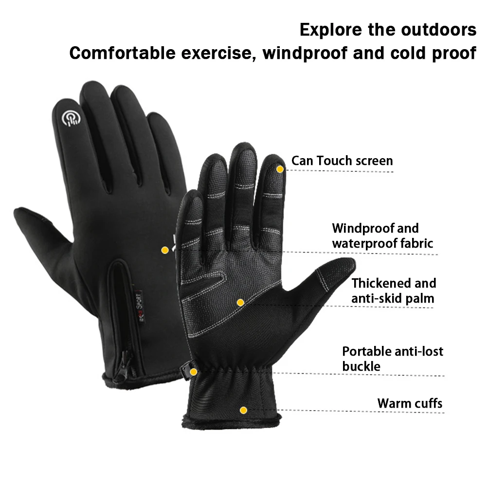 قفازات رجالية تعمل باللمس بسحاب ، مقاومة للرياح ، مقاومة للماء ، مبطنة بالصوف ، دافئة ، خارجية ، ركوب ، المشي لمسافات طويلة ، الشتاء