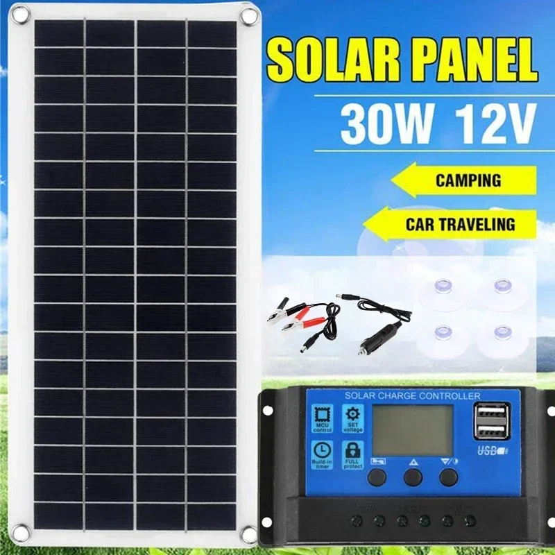 Solar Panel Kit 30W 12V Dual USB Output Solar Cell Poly Solar Board 10/20/30/40/50/60A Controller Outdroor Battery Power Charger