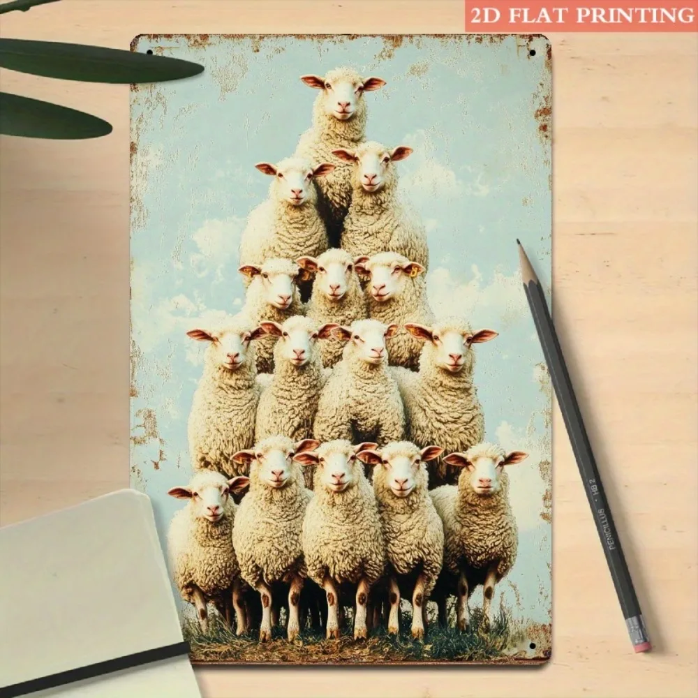 Vintage Stacked Sheep Metal Sign, Rustic Farm Animal Wall Art on Weathered Blue 8x12 Inch for Farmhouse, Garden & Patio Decor