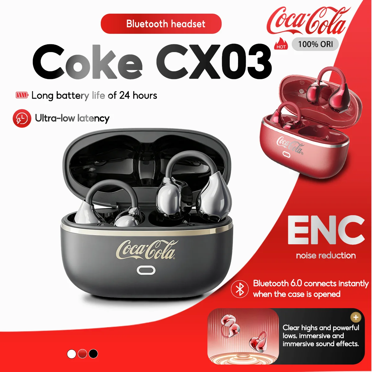 Coca-Cola CX03 Open Ear Clip Bluetooth 6.0 Earbuds Low Latency Wireless Sports Headphones HD Call Long Battery Gift Box
