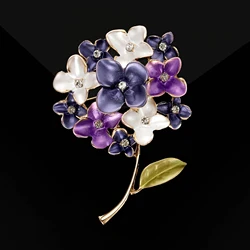 Trendy Enamel Hydrangea Brooches for Women Rhinestone Plant Flower Pins Event Funny Luxury Gifts New Year Friends Decoration