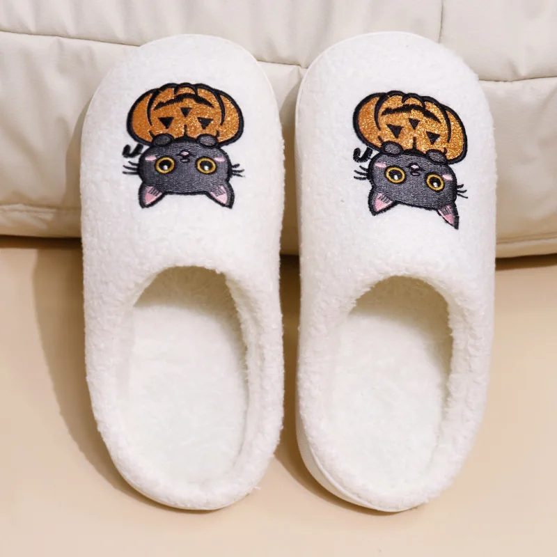 

Pumpkin Cat Pattern Soft House Slippers for Women 2025 Winter Plush Warm Indoor Slippers Woman Cute Cartoon Comfort Cotton Shoes