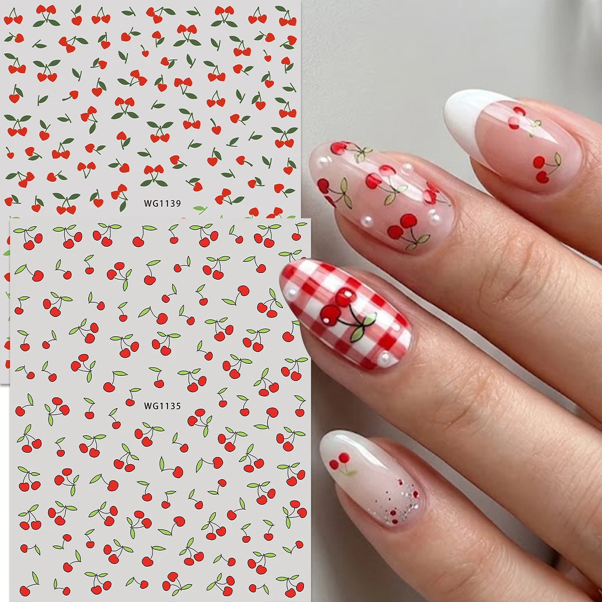 Hand-Drawn Cherry Nail Stickers, Red Green Fruit Decals, French Cute Nail Decor for Spring Summer Daily Party DIY