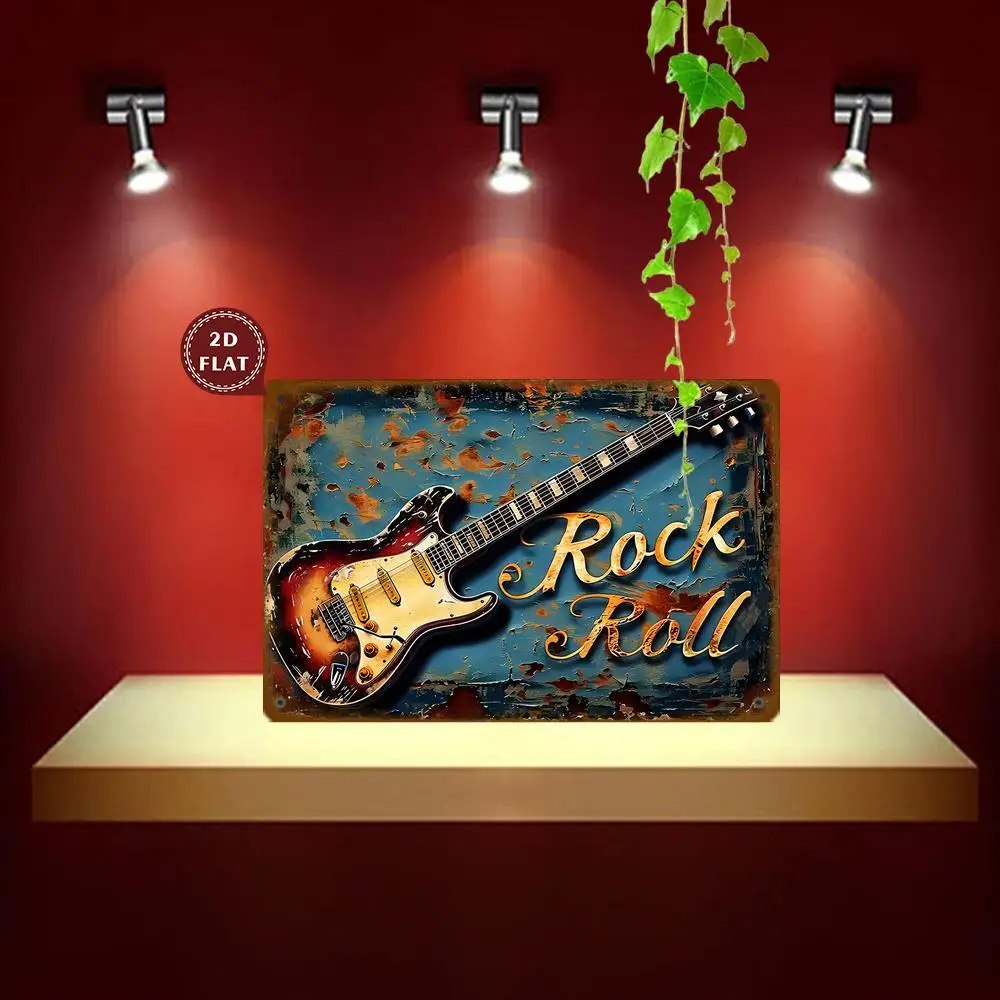 لافتة فنية جدارية معدنية على شكل جيتار روك رول عتيقة - ديكور ريترو من الحديد الريفي، مقاومة للماء، مقاومة للغبار، لا حاجة للكهرباء للمنزل، P
