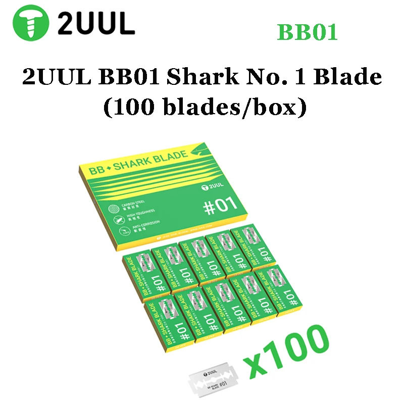 2UUL BB01 Shark Blade #01 Double‑Edge Sharp Screen Separation Blades 100Pcs for Curved Flat Phone LCD Repair Tools