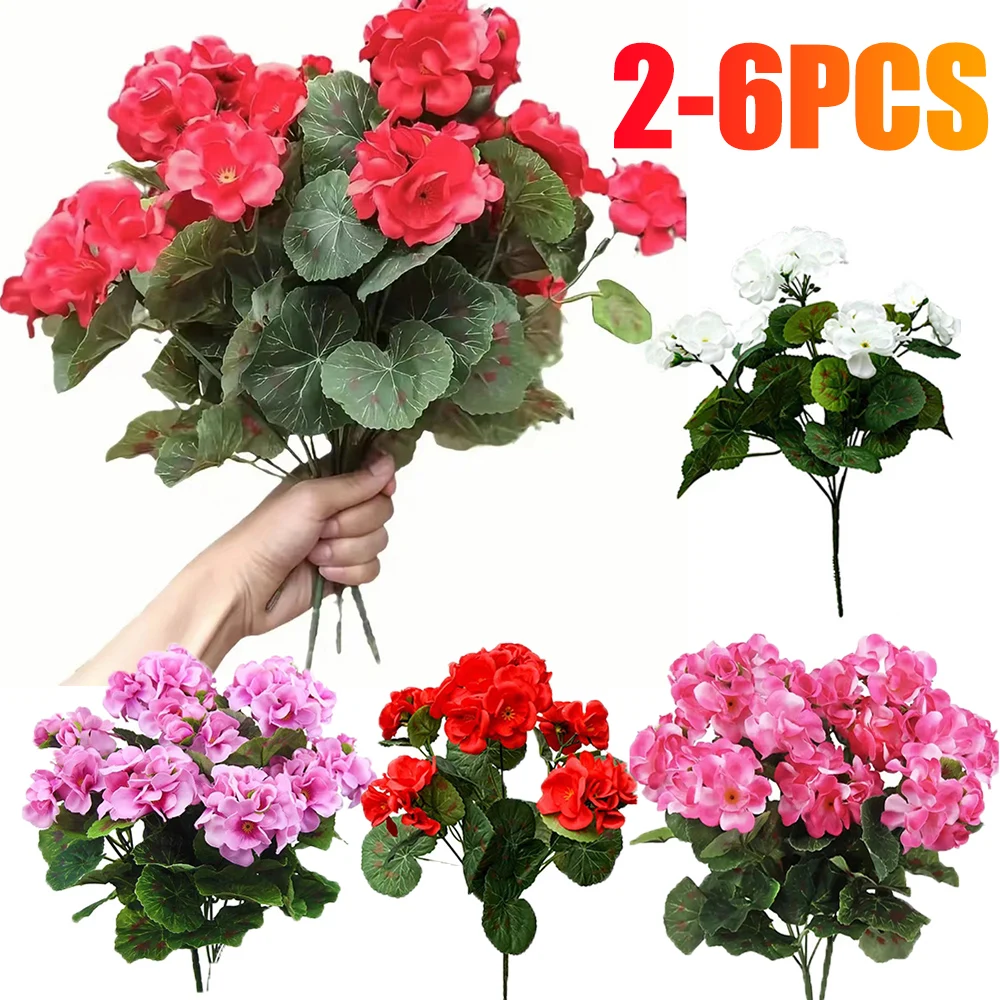 2-6pcs Artificial Geranium Bushes UV Resistant Nonwoven Outdoor Garden Hanging Basket Garden Plants Bush Porch Home Garden Decor