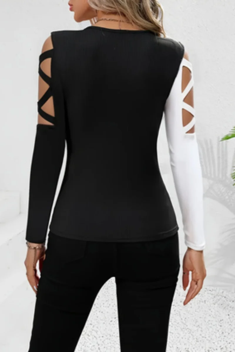 Ladies' fashionable hollow out long sleeved top