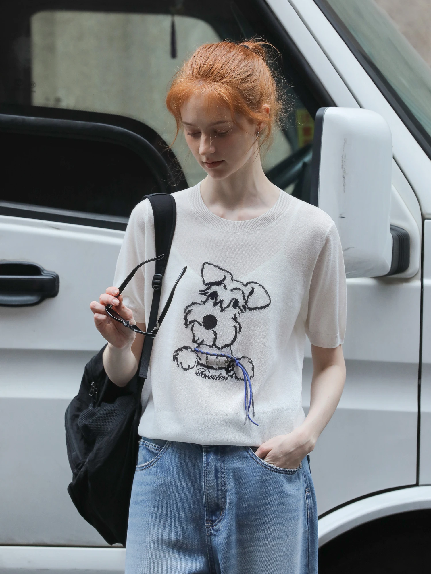 

MELLIIY Summer 2026 Casual Cute Schnauzer Embroidery ort Sve Knitted Top Women's Faion Commute Sle Regular Fit