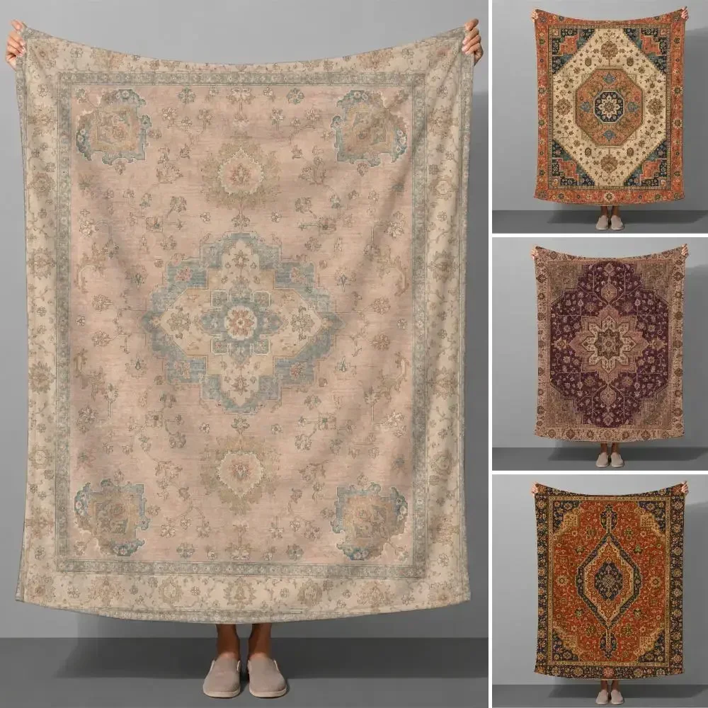 Turkish Style Red Ornamental Floral Kilim Inspired Pattern Throw Soft Flannel Throw Blanket Warm for Couch Bed Sofa Cozy Gift