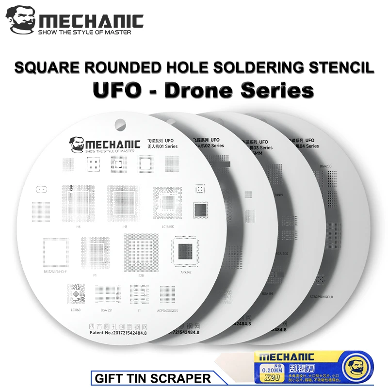 MECHANIC UFO Drone Series Universal BGA Reballing Stencil Tin Plated Steel Mesh for Drone PCB Motherboard IC Repair 4PCS Set