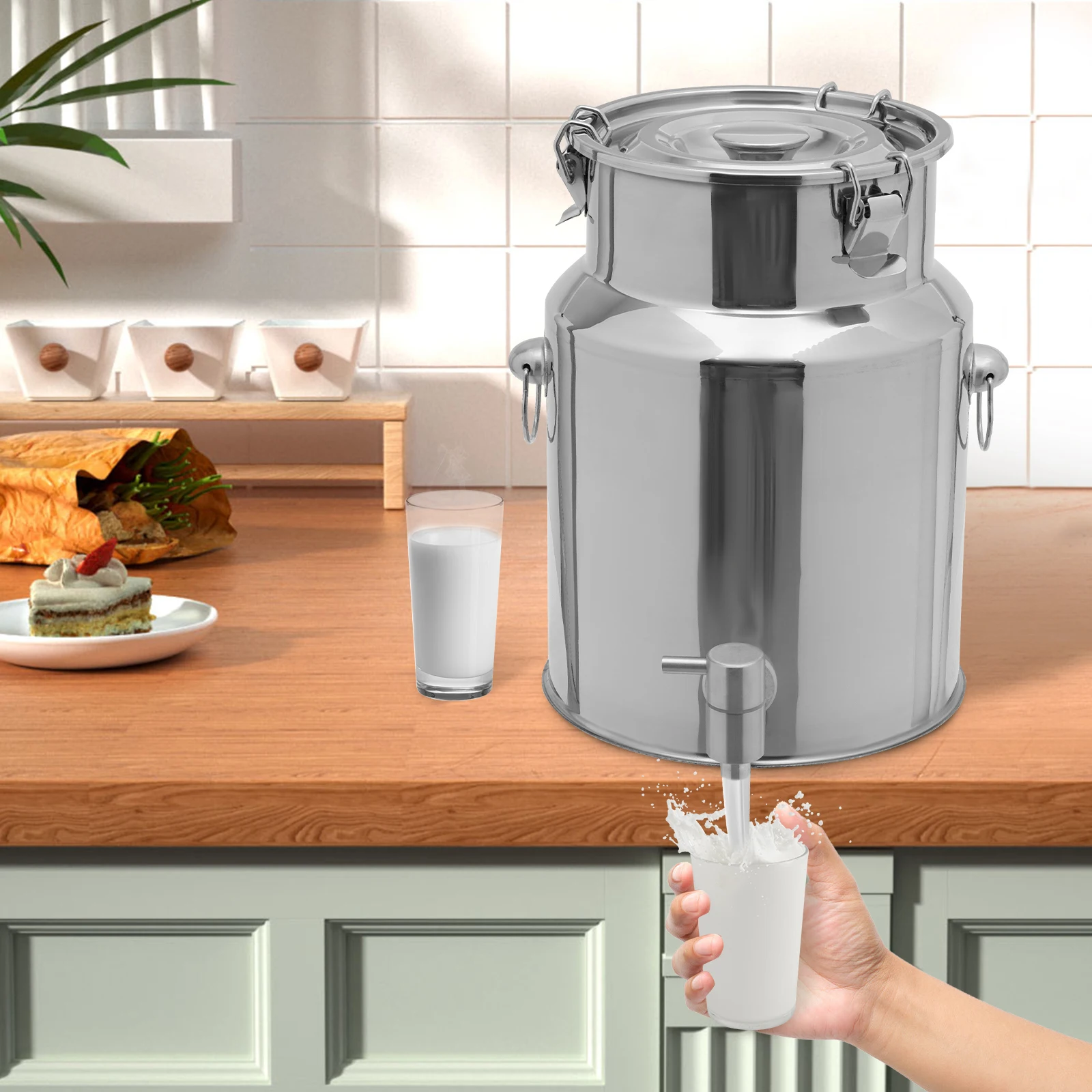 

High Quality 304 Stainless Steel Beverage Dispenser Anti Cut Smooth Edge Leakproof Buckle Type Sealed Barrel With Internal Hook Hangable Cover Easy Carry Large Caliber Washable For Liquid And Dry Food Household Organization