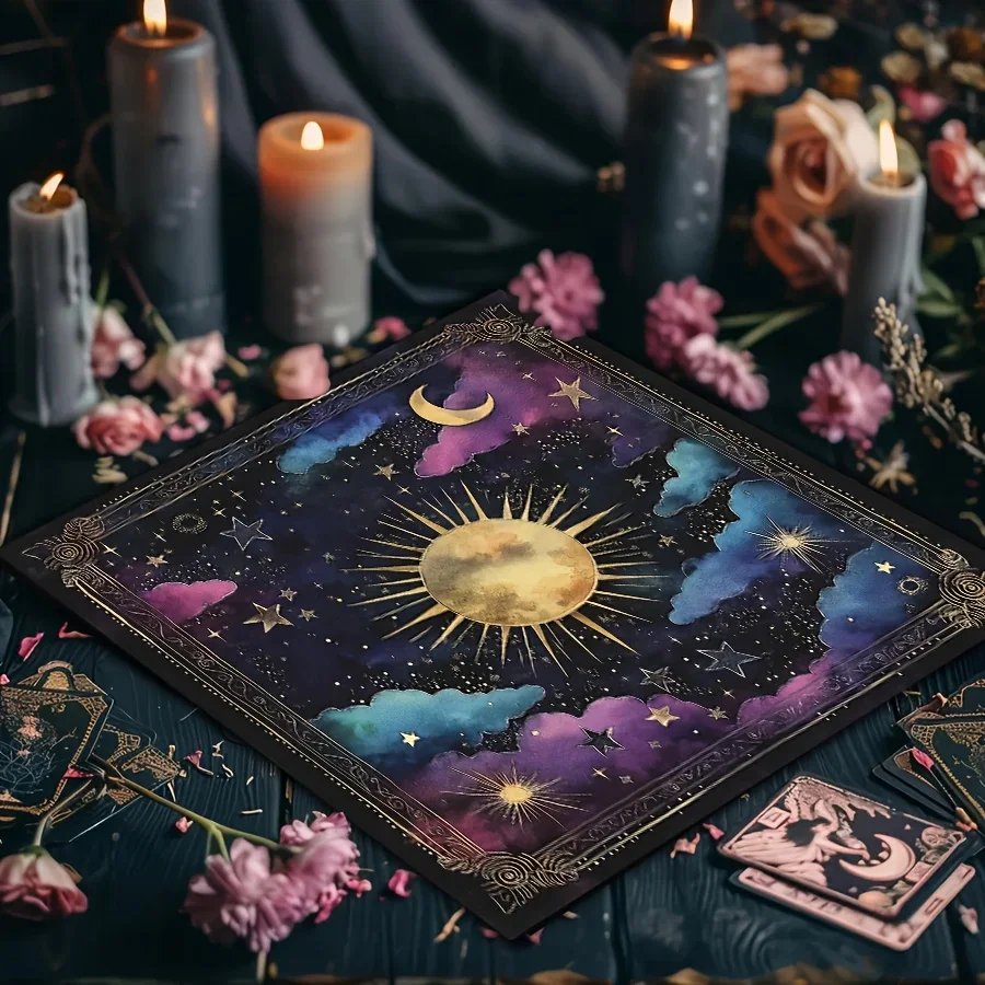 1PC Astrology Crystal Tablecloth Sun Moon Star Cloud Black Gold Frame Meditation Mysticism Decoration