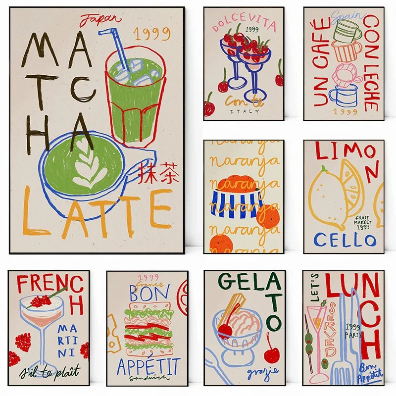 Vintage Cocktail Matcha Latte Coffee Cups Fruit Orange Posters and Prints Canvas Printing Wall Art Picture for Kitchen Bar Decor