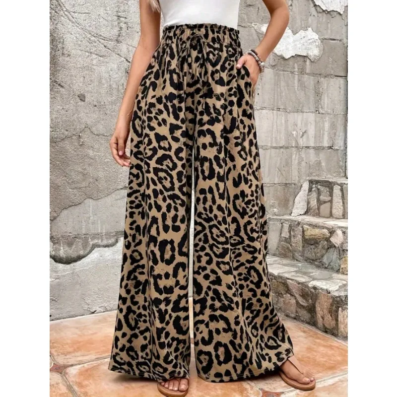 Plus Size 1XL-5XL Damen-Hose mit Leopardenmuster, elastischer Taille, lässig und bequem, lockere Hose mit geradem Bein