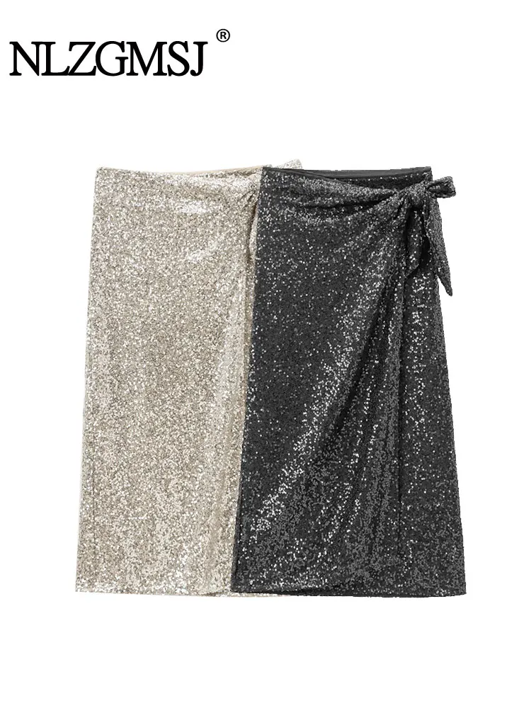

Осень-зима 2023, повседневная шикарная женская юбка с блестками и бантом на шнуровке, длинная юбка с запахом, новые модные юбки для праздничных вечеринок