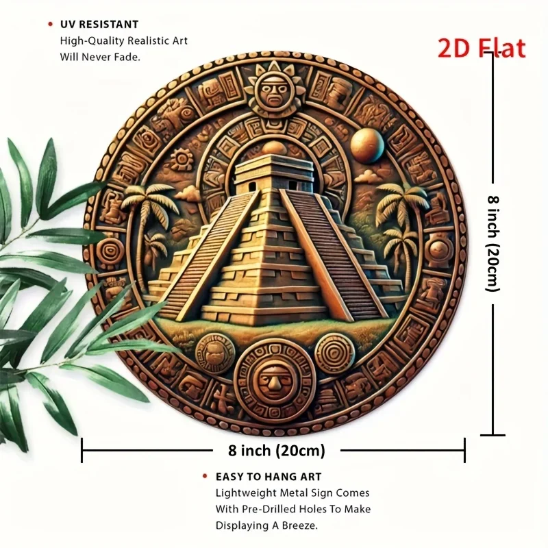 2D Flat, Vintage Maya Civilization Metal Wall Art - 8x8 Inch Ancient Pyramid Design with Hieroglyphic Inscriptions, Cultural Hom