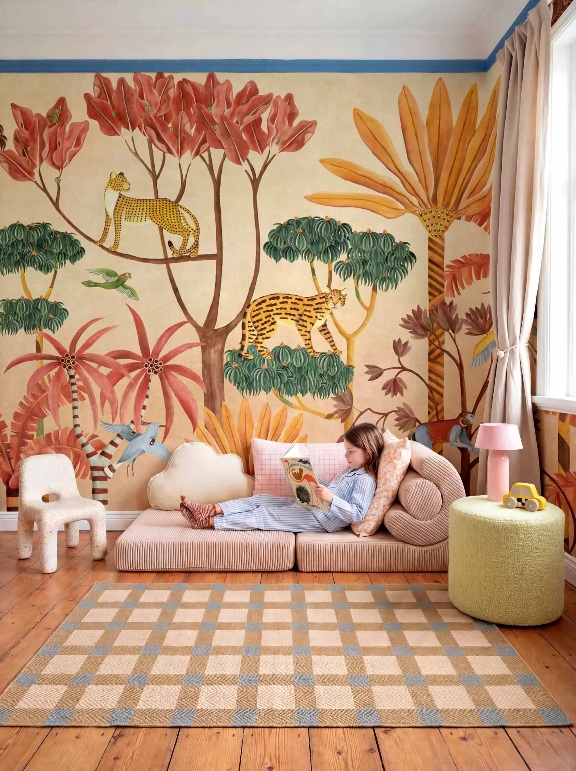 Custom wallpaper cartoon children's room rainforest plant animal mural hand-painted palm tree banana tree decoration painting