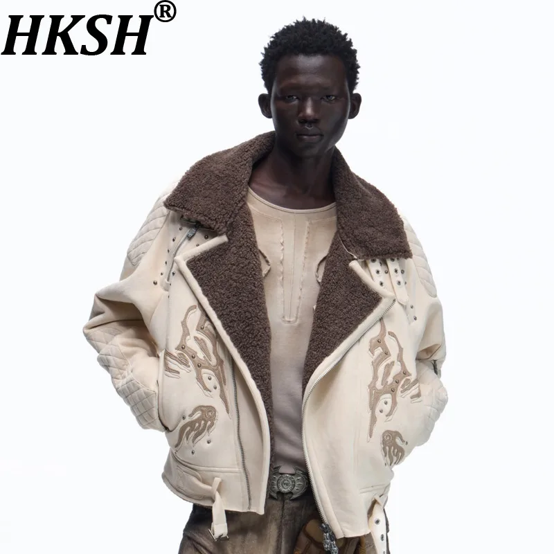 

HKSH Autumn Winter New Men Tide Punk Darkwear Pattern Bionic Sheepskin Jacket Lambskin Niche Chic Ins Fashion Vibe Coats HK16716