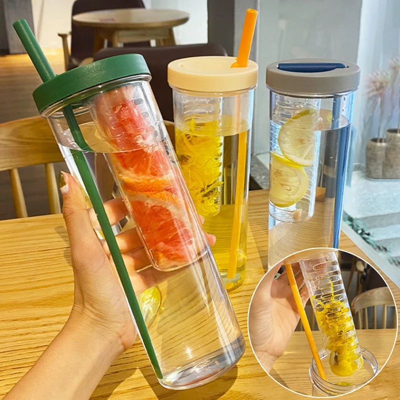 Plastik wasser flasche tragbar mit Strohhalmen Obst Infuser Tee Saft Tasse Fitness Sport Outdoor Reise flaschen Wasserkocher transparent