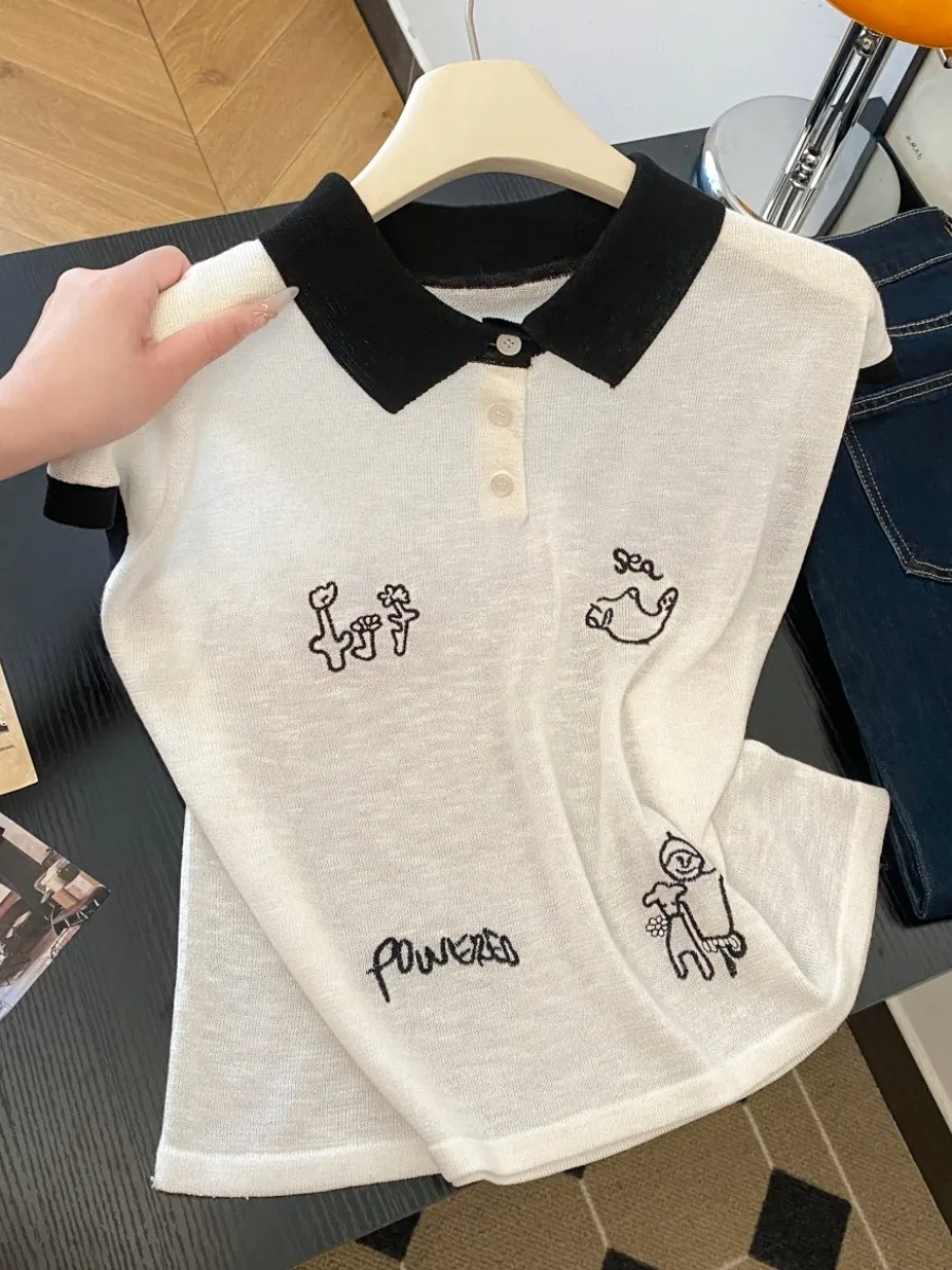 

2025 Summer New Korean Sle Loose Color Blo Design Commute Casual Versatile Knitted Vest Collar Turn down Casual Wear